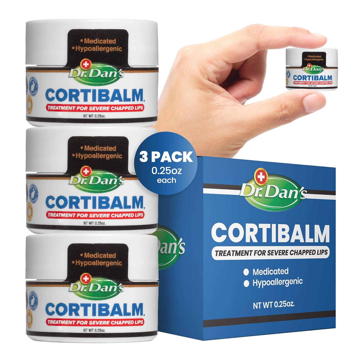 Dr. Dan's Cortibalm Jars-3 Pack- for Dry Cracked Lips - Healing Lip Balm Jar for Severely Chapped Lips - Designed for Men, Women and Children -