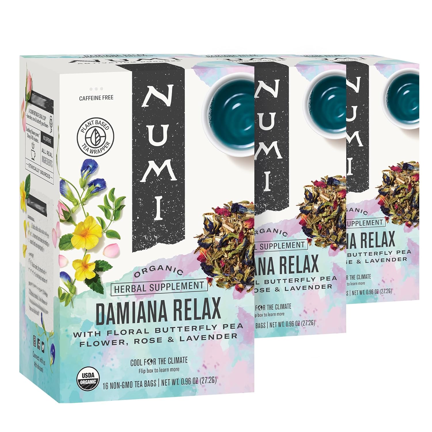 Numi Organic Damiana Relax Tea With Butterfly Pea Flower & Rose (Pack Of 3), 16 Count Herbal Tea Bags