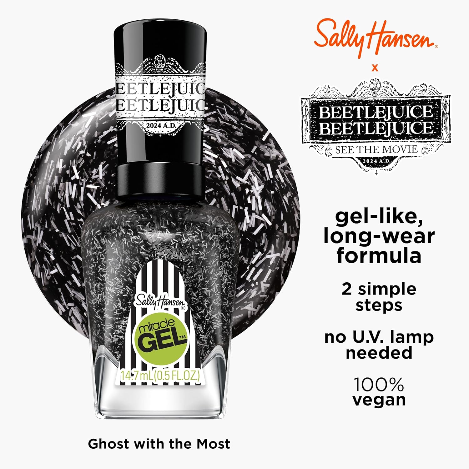 Sally Hansen Miracle Gel™, Beetlejuice Ghost with the Most?, Long Lasting, Gel-Like Formula, No UV Lamp Needed, Black Glitter Nail Polish