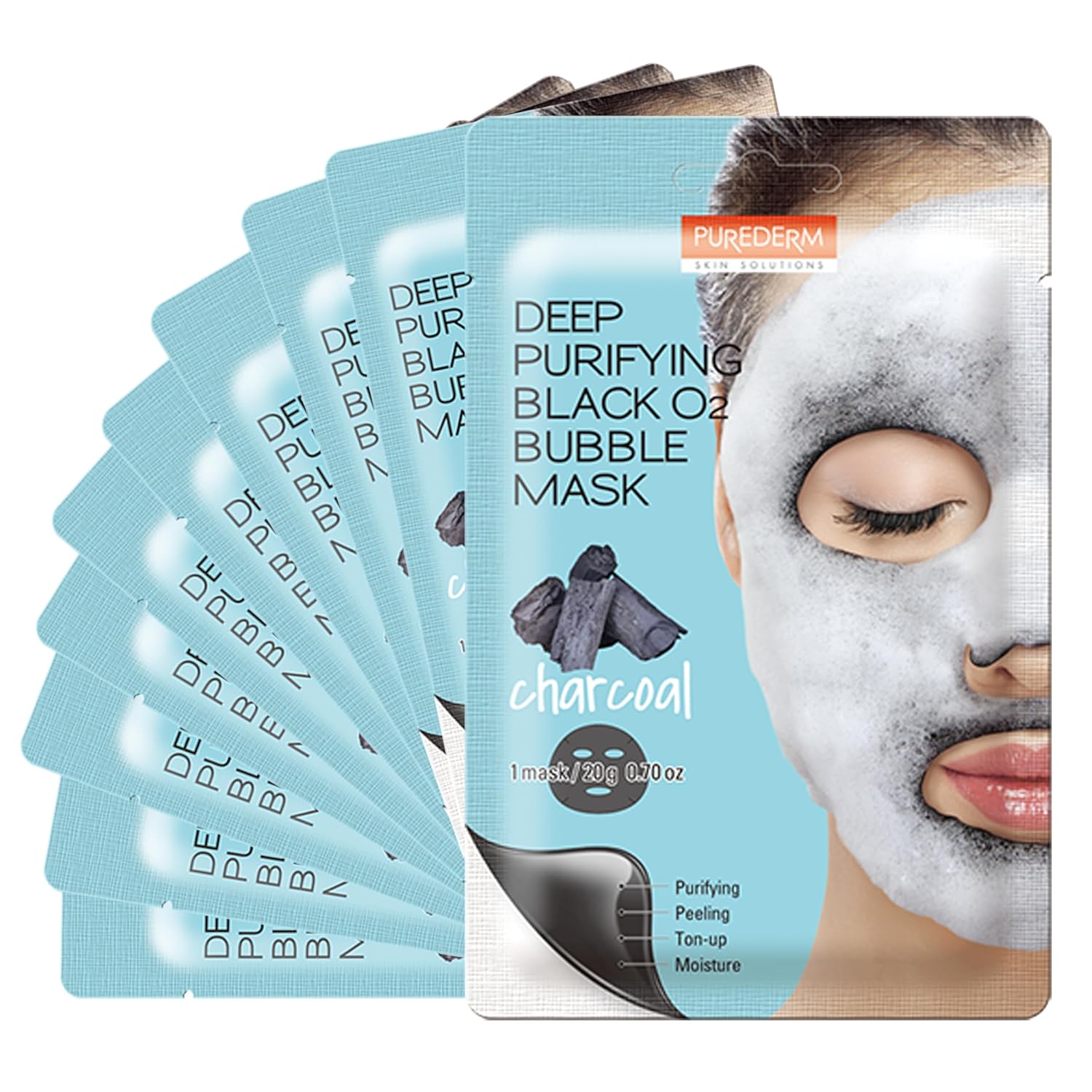 Purederm Deep Purifying Black O2 Bubble Mask Charcoal (10 Pack) – Bubble Face Sheet Mask For Purifying & Brightening