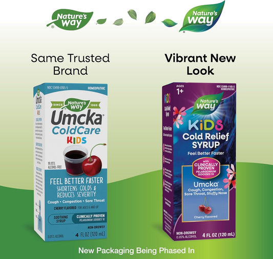 Nature'S Way Cold Relief Syrup For Kids 1+, Umcka, Shortens Duration & Reduces Severity, Multi-Symptom Cold Relief, Homeopathic, Phenylephrine Free, Cherry Flavored, 4 Fl Oz (Packaging May Vary)