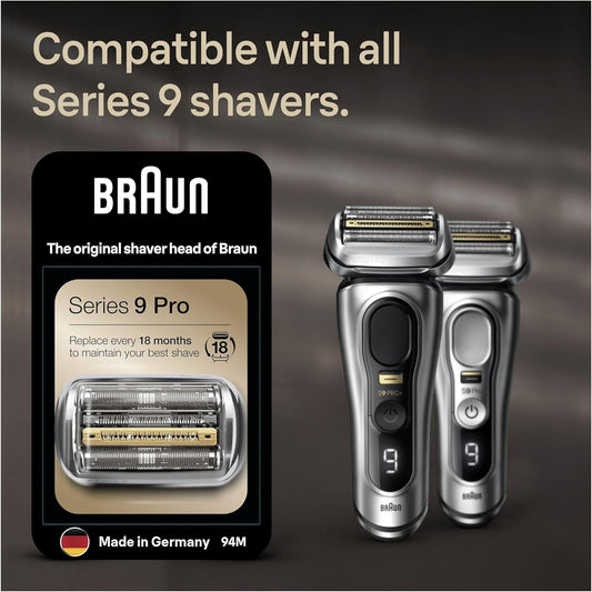 Braun Series 9 Electric Shaver Original Replacement Head, Easily Attach Your New Shaver Head, Also Compatible With Series 9 Pro Electric Razors, 94M, Silver