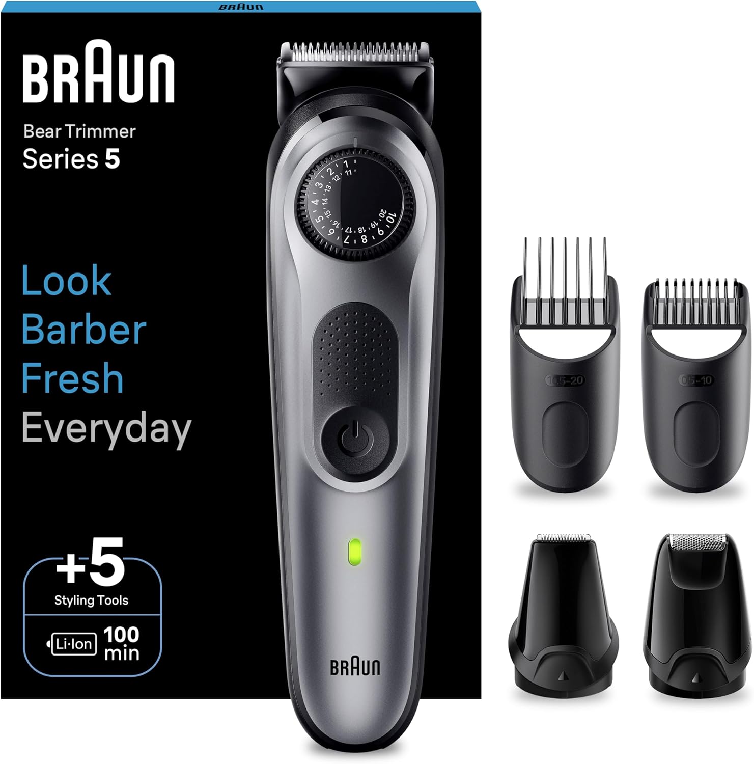 Braun Beard Trimmer Series 5 & Hair Clippers, Beard Trimmer Men Rechargeable, 40 Length Settings, 100-Min Cordless Runtime & Waterproof, Bt5440, Silver, Black