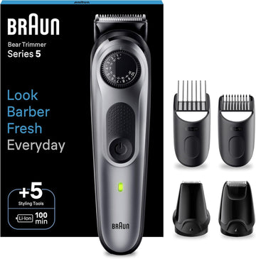 Braun Beard Trimmer Series 5 & Hair Clippers, Beard Trimmer Men Rechargeable, 40 Length Settings, 100-Min Cordless Runtime & Waterproof, Bt5440, Silver, Black