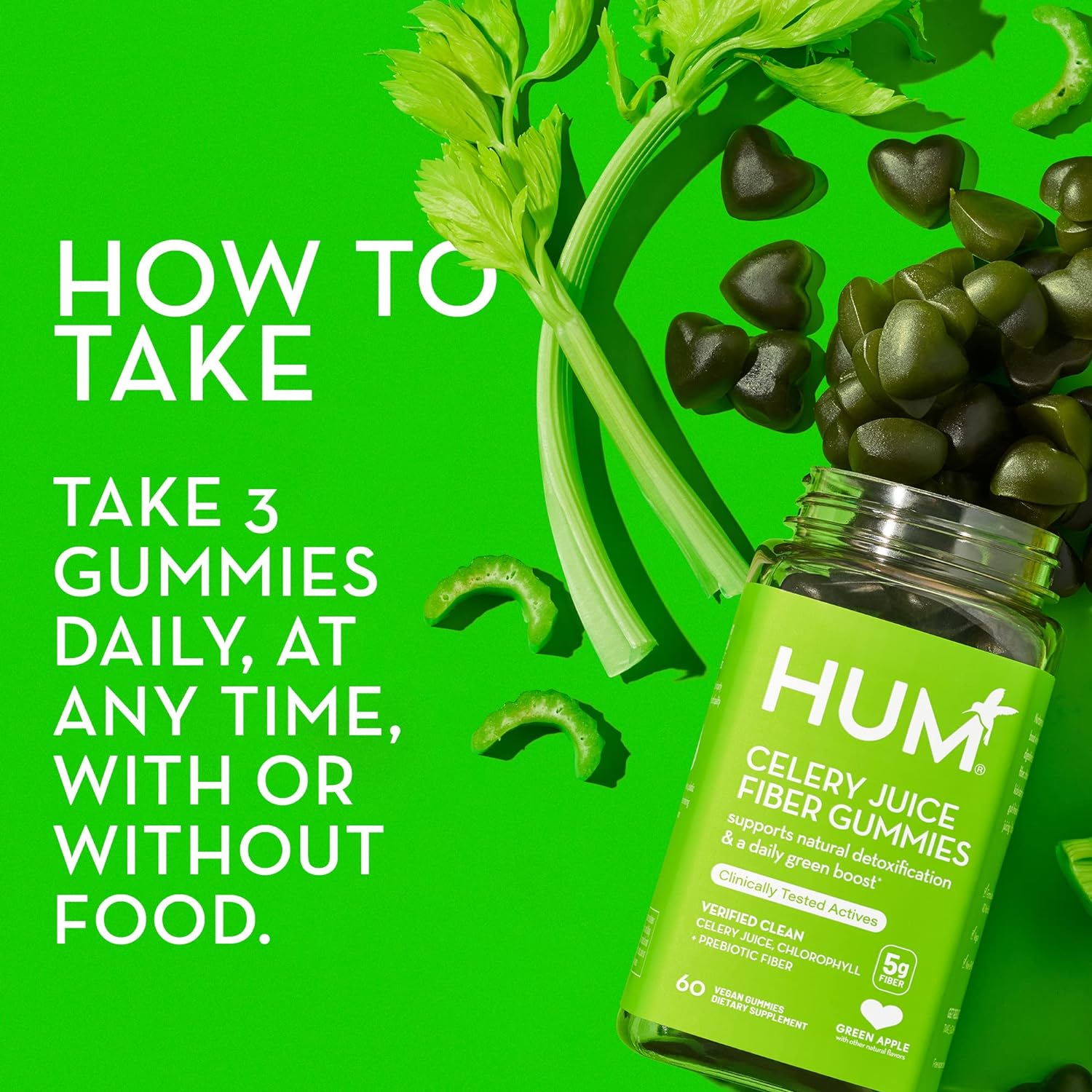 HUM Celery Juice Fiber Gummies The First Prebiotic Celery Juice Gummy, Supports Detoxification and A Daily Green Boost with Celery Juice, Chlorophyll, and Prebiotic Fiber(60 Count) : Health & Household