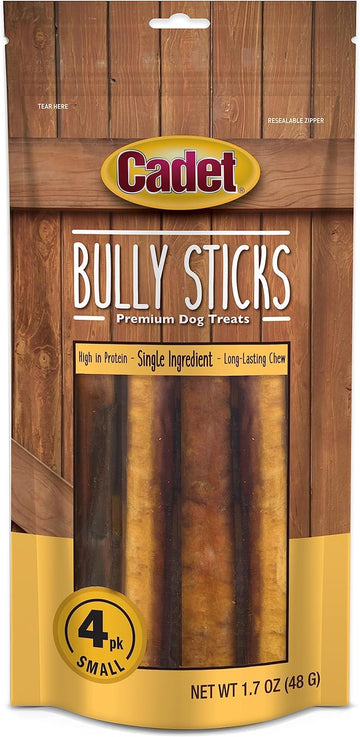 Cadet Bully Sticks For Small, Medium And Large Dogs – All-Natural Beef Pizzle, High Protein, Low Fat, Long-Lasting, Grain & Rawhide-Free Dog Chews For Aggressive Chewers, Small (4 Count)