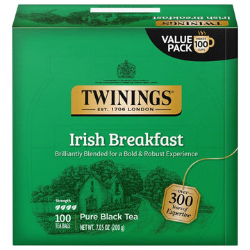 Twinings Irish Breakfast Black Tea Individually Wrapped Bags, 100 Count (Pack Of 1), Flavourful, Bold, And Robust, Caffeinated, Enjoy Hot Or Iced | Packaging May Vary
