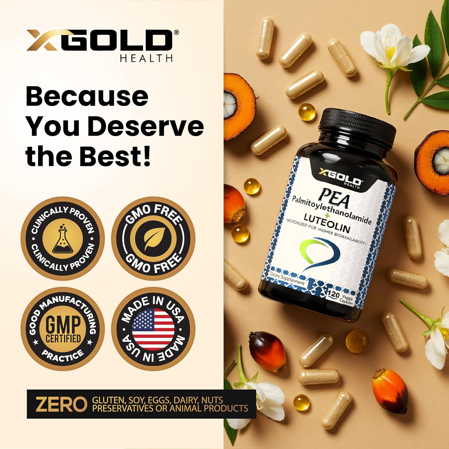 Palmitoylethanolamide 630 Mg + Luteolin Standardized 98%- Micronized Pea 99% Highly Purified And Bioavailable - Made In Usa - Supplement For Men And Women - 120 Veggie Capsules : Health & Household