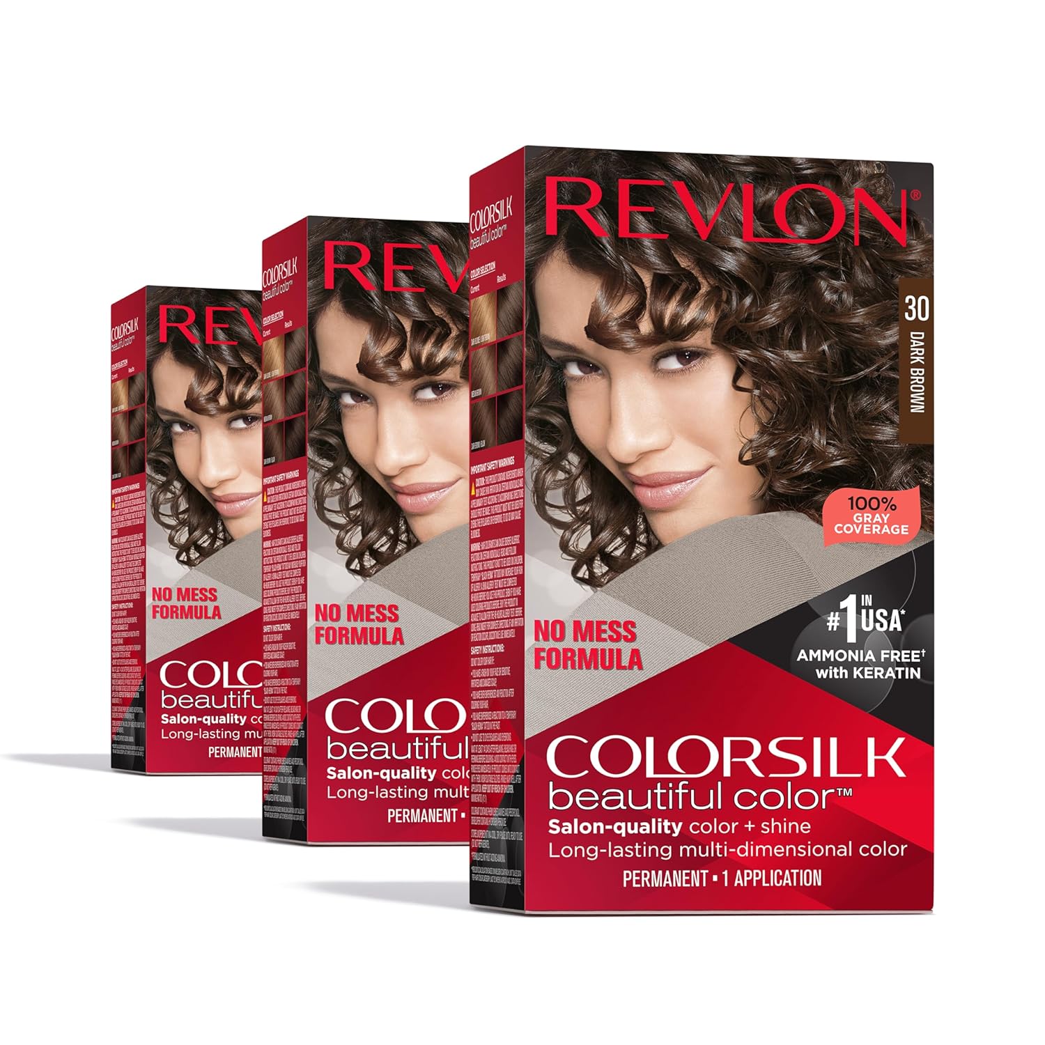 Revlon Colorsilk Beautiful Color Permanent Hair Color, Long-Lasting High-Definition Color, Shine & Silky Softness With 100% Gray Coverage, Ammonia Free, 30 Dark Brown, 3 Pack