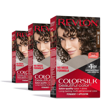 Revlon Colorsilk Beautiful Color Permanent Hair Color, Long-Lasting High-Definition Color, Shine & Silky Softness With 100% Gray Coverage, Ammonia Free, 30 Dark Brown, 3 Pack