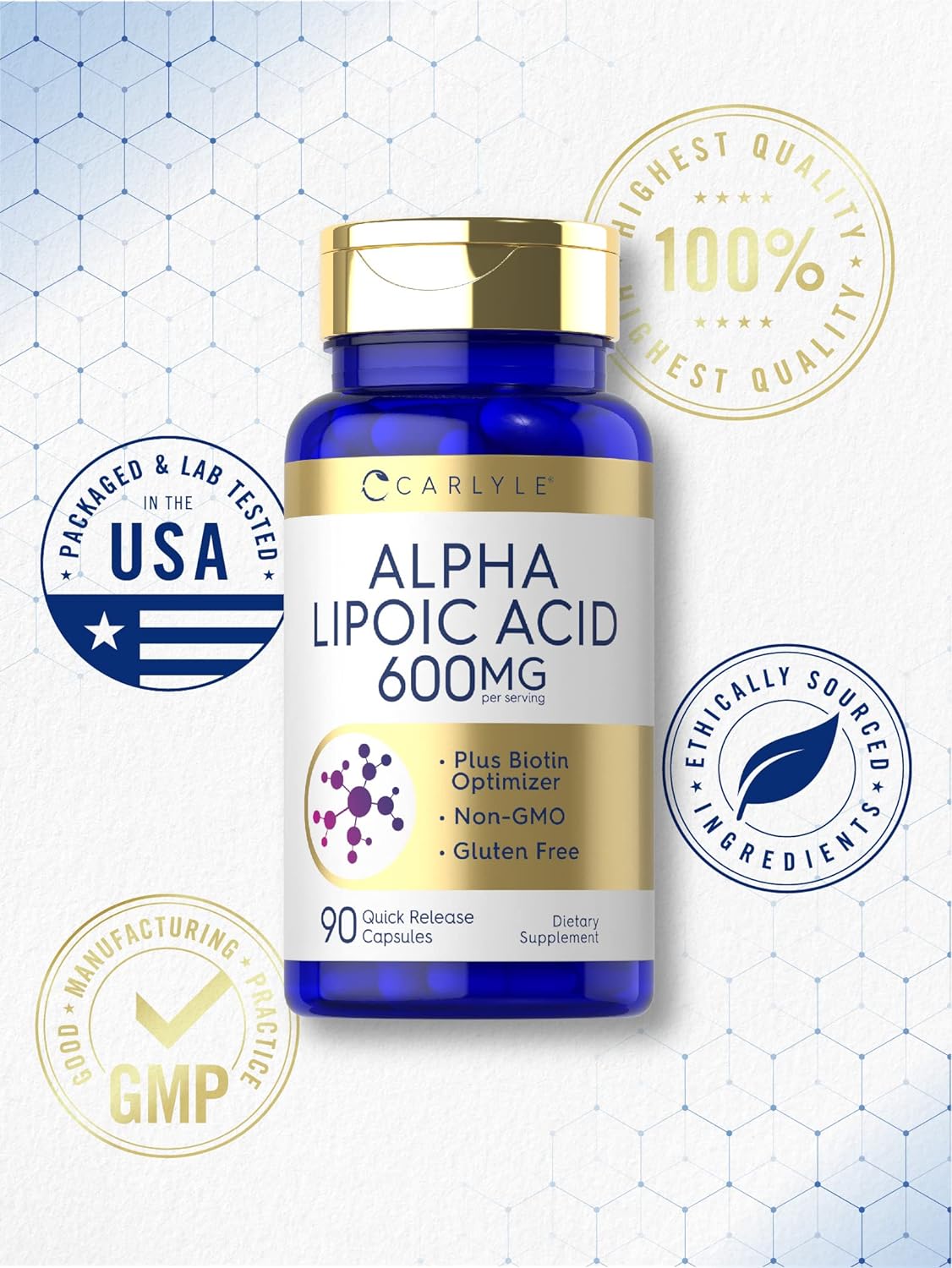 Carlyle Alpha Lipoic Acid 600mg | Plus Biotin Optimizer | 90 Capsules | Non-GMO & Gluten Free Supplement : Health & Household