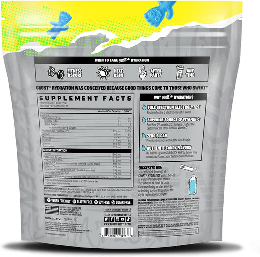 Ghost Hydration Packets, Sour Patch Kids Blue Raspberry, 24 Sticks, Electrolyte Powder - Drink Mix Supplement With Magnesium, Potassium, Calcium, Vitamin C - Vegan, Free Of Soy, Sugar & Gluten