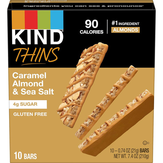 Kind Thins Caramel Almond & Sea Salt Bars, 0.74 Ounce, Gluten Free, 4G Sugar, 10 Count (Pack Of 6)