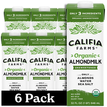 Califia Farms - Organic Unsweetened Almond Milk, 32 Oz (Pack Of 6), Dairy Free, Vegan, Plant Based, Keto, Vegan, Gluten Free, Non Gmo, Usda Organic