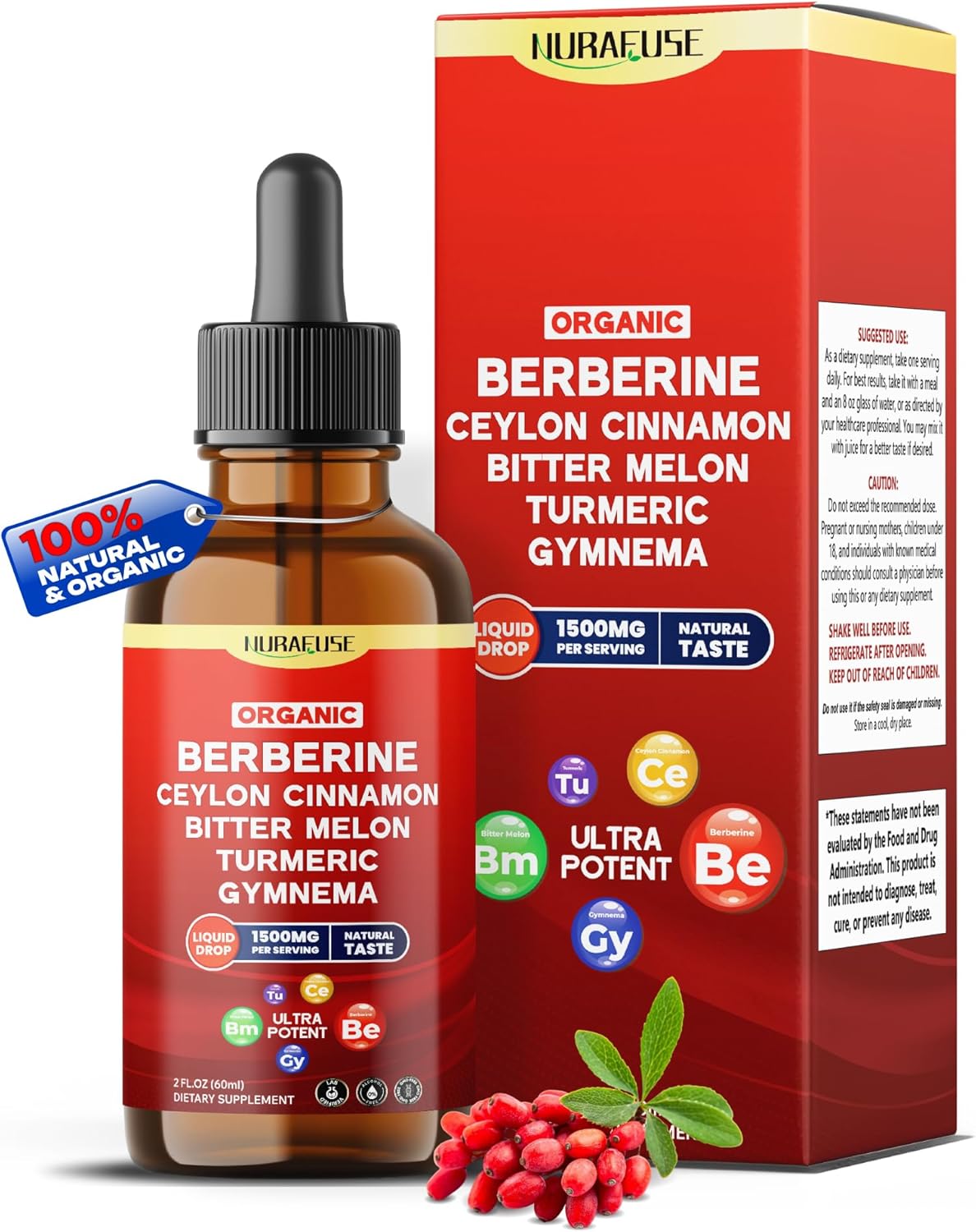 Organic Berberine, Ceylon Cinnamon, Bitter Melon, Turmeric, Gymnema Liquid Drops – 1500Mg Per Serving, Ultra Potent, Usa Made & Lab Tested – 2 Fl Oz (60Ml)