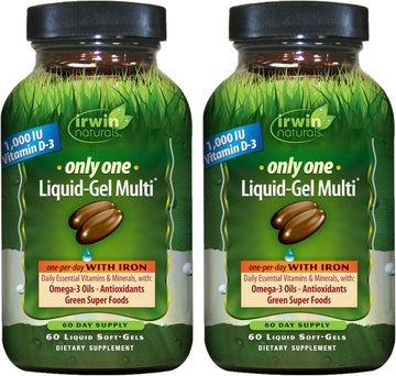Irwin Naturals Only One Liquid-Gel Multi With Iron - 60 Liquid Soft-Gels, Pack Of 2 - Omega-3 Oils, Antioxidants & Green Super Foods - 120 Total Servings