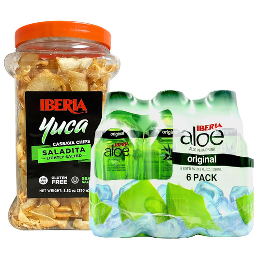 Iberia Yuca/Cassava Chips, 8.8 oz + Iberia Aloe Vera Juice Drink With Aloe Pulp, Original, 9.5 Fl Oz, Pack of 6