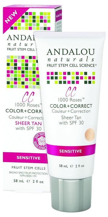 Andalou Naturals 1000 Roses CC Color + Correct with SPF 30, Sheer Tan, 2-in-1 Face Sunscreen + CC Cream for Sensitive Skin, Helps Correct Uneven Skin Tone, Reef Safe Sunscreen, 2 Fl Oz