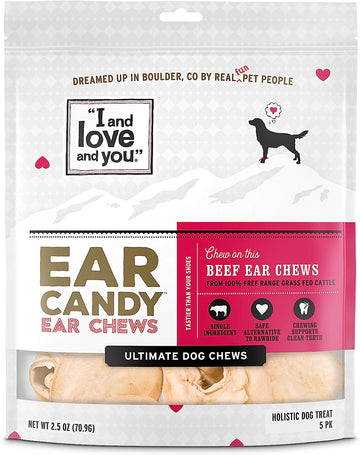 I and love and you Ear Candy Cow Ear Chews - Beef - Rawhide Alternative, Single Ingredient, Free Range Grass Fed Beef, 5ct