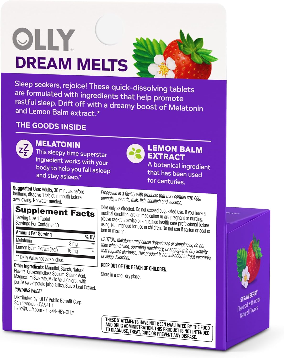 OLLY Sleep Fast Dissolves, 3mg Melatonin, Lemon Balm, Strawberry Flavor, 30 Day Supply - 30 Count : Health & Household