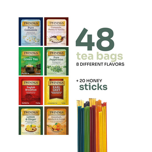 Twinings 48 Tea Bags Herbal Variety Pack, Bundle With 20 Flavored Honey Sticks – 12 Flavors Caffeine-Free Individually Wrapped Teas For Gift Basket, Office, Lobby Refreshments