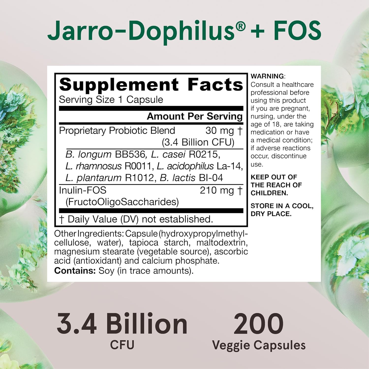 Jarrow Formulas Jarro-Dophilus + FOS - 3.4 Billion CFU Per Serving - Prebiotic & Probiotics Supplement for Immune & Intestine Support - Up to 200 Servings (Veggie Capsules) : Health & Household