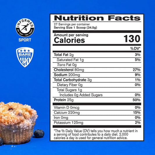 Bare Performance Nutrition, Bpn Whey Protein + Casein Protein Powder Blend, Blueberry Muffin, 25G Protein Per Serving Supports Lean Muscle Recovery, 27 Servings, Third Party Tested