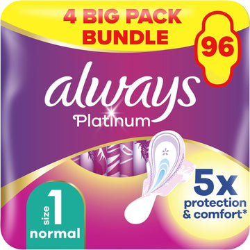 Always Platinum Extra Comfort Sanitary Towels, Size 1, Normal, Light Flow, 96 Pads With Soft Wings (24 x 4 Packs) SAVING PACK, Leak Protection, Micro Cushions, Fit&Flex Core, Odour Neutraliser