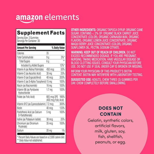 Amazon Elements - Adult Women’S Organic Multivitamins, 90 Gummies (30 Servings), Vegetarian, Gluten Free (Previously Revly)