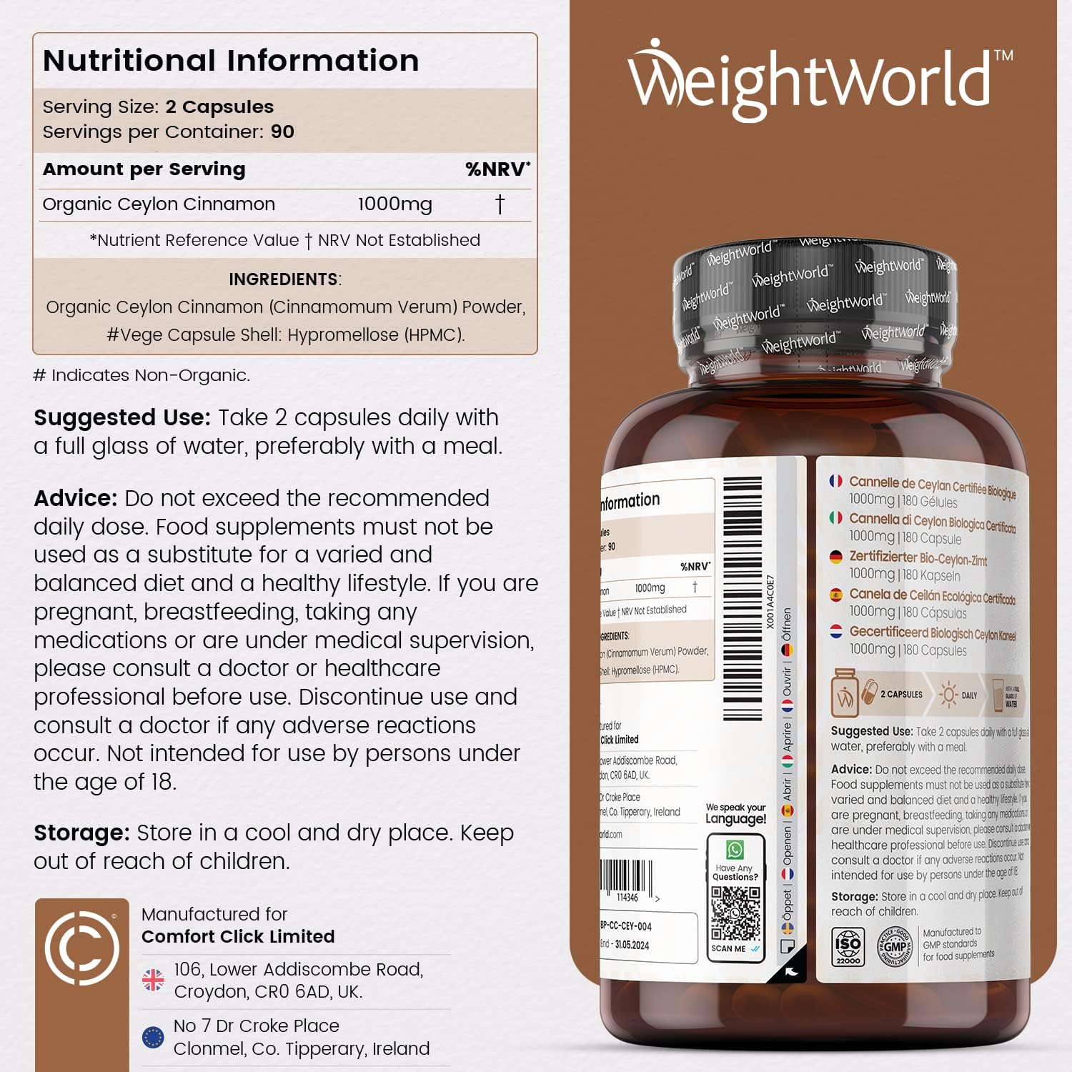 Organic Cinnamon Capsules 1000mg - 180 Vegan Capsules - Ceylon Cinnamon Powder - Soil Association Certified Digestion Supplement - Rich Source of Calcium - GMO & Gluten Free : Amazon.co.uk: Health & Personal Care