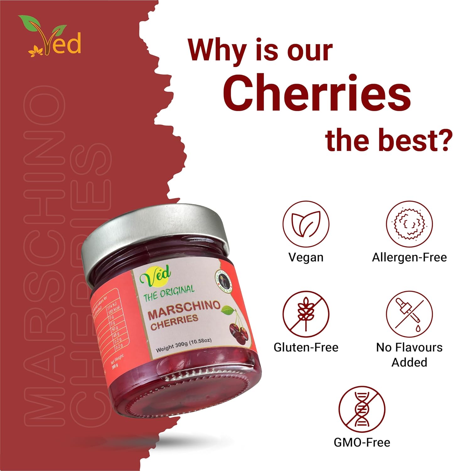 Ved Gourmet Original Red Maraschino Cherries - Italian Cherry for Old-Fashioned Cocktails - Vegan Cocktail, Bourbon Cherries in Natural Syrup for Cocktail Garnish - 300g Jar : Amazon.co.uk: Grocery