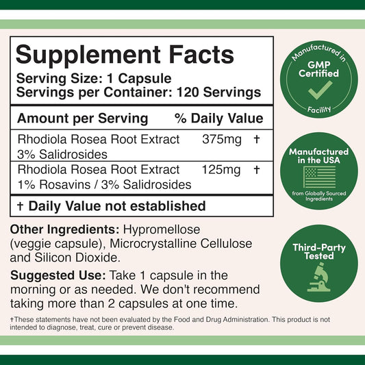 Rhodiola Rosea Supplement 500Mg, 120 Vegan Capsules (Third Party Test, Gluten Free, 3% Salidrosides, 1% Rosavins Extract) For Performance, Calming, Motivation By Double Wood