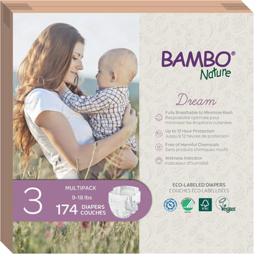 Bambo Nature Hypoallergenic Baby Diapers, Eco-Labelled Sustainable Diapers, Enhanced Leakage Protection, Totally Chlorine-Free, Skin Friendly, And Super Absorbent - Size 3 (174 Count)