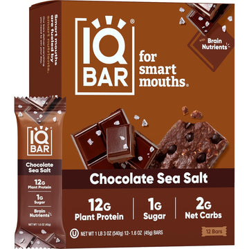 Iqbar Brain And Body Plant Protein Bars - Chocolate Sea Salt - 12 Count, Low Carb, High Fiber, Gluten Free, Vegan Snacks - Low Sugar Keto Energy Bar