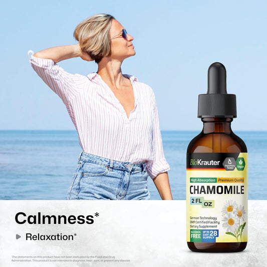 Bio Krauter Chamomile Flowers Tincture - Chamomile Extract - Contains Apigenin - Supplement For Relaxation And Calmness Support - Alcohol And Sugar Free - Vegan Drops 2 Fl.Oz