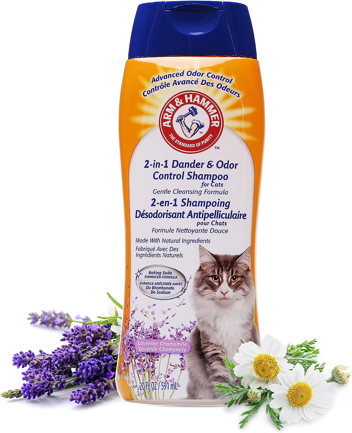 Arm & Hammer 2-in-1 Deodorizing & Dander Reducing Shampoo for Cats, Dander Remover for Dander and Odors, Baking Soda Moisturizes and Deodorizes, Lavender Chamomile Scent, 20 Fl Oz