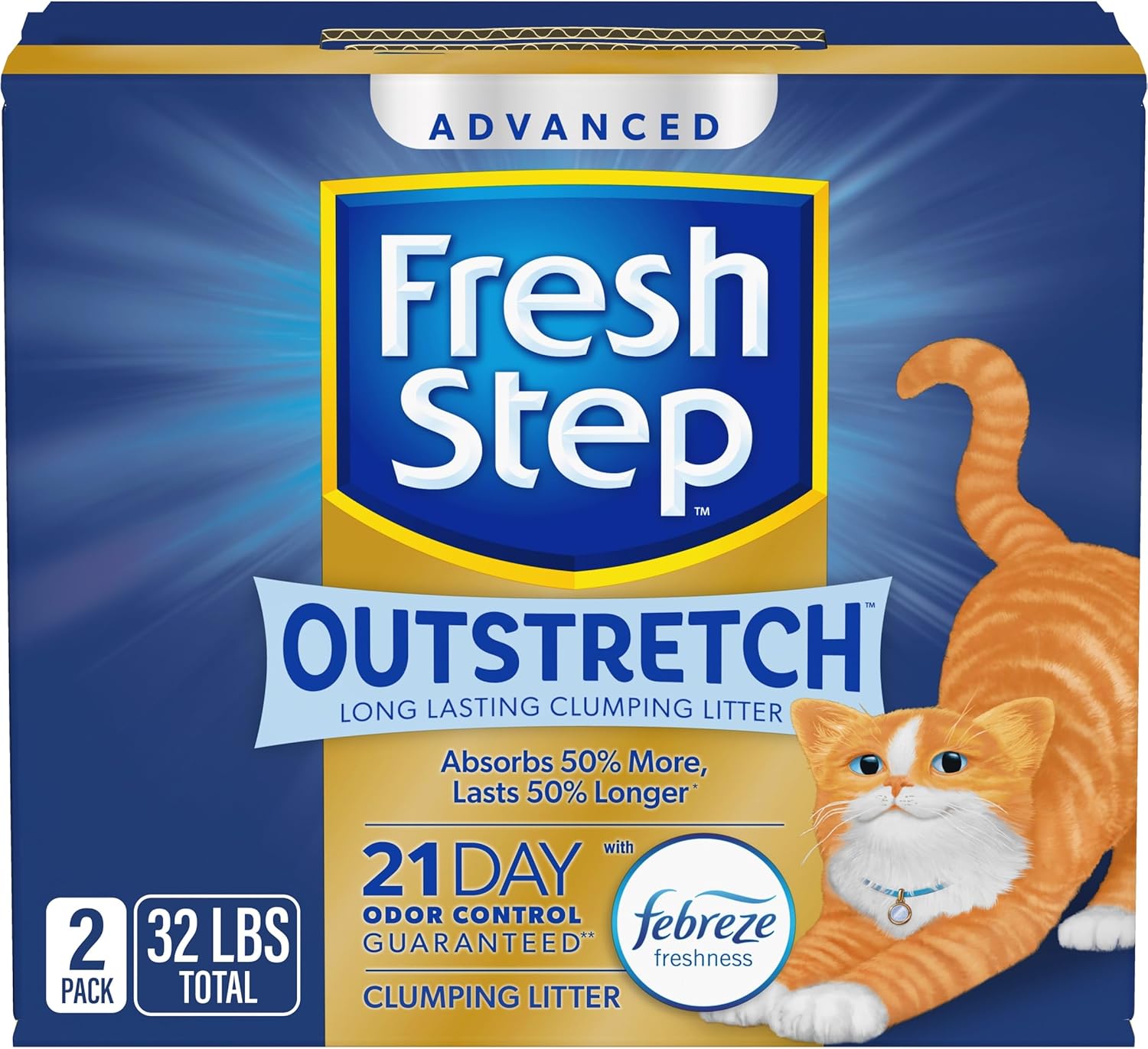 Fresh Step Outstretch Advanced Long Lasting Clumping Litter With Febreze Freshness, Activated Charcoal Litter Lasts 50% Longer, 32 Lbs. (2 X 16 Lb. Box)