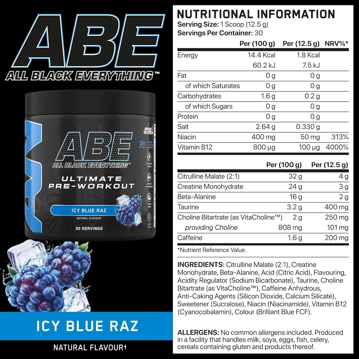 Applied Nutrition Bundle ABE Pre Workout 375g + 750ml Steel Protein Shaker | All Black Everything Pre Workout Powder, Energy & Physical Performance, Creatine, Beta Alanine (ICY Blue Raz) : Amazon.co.uk: Musical Instruments & DJ