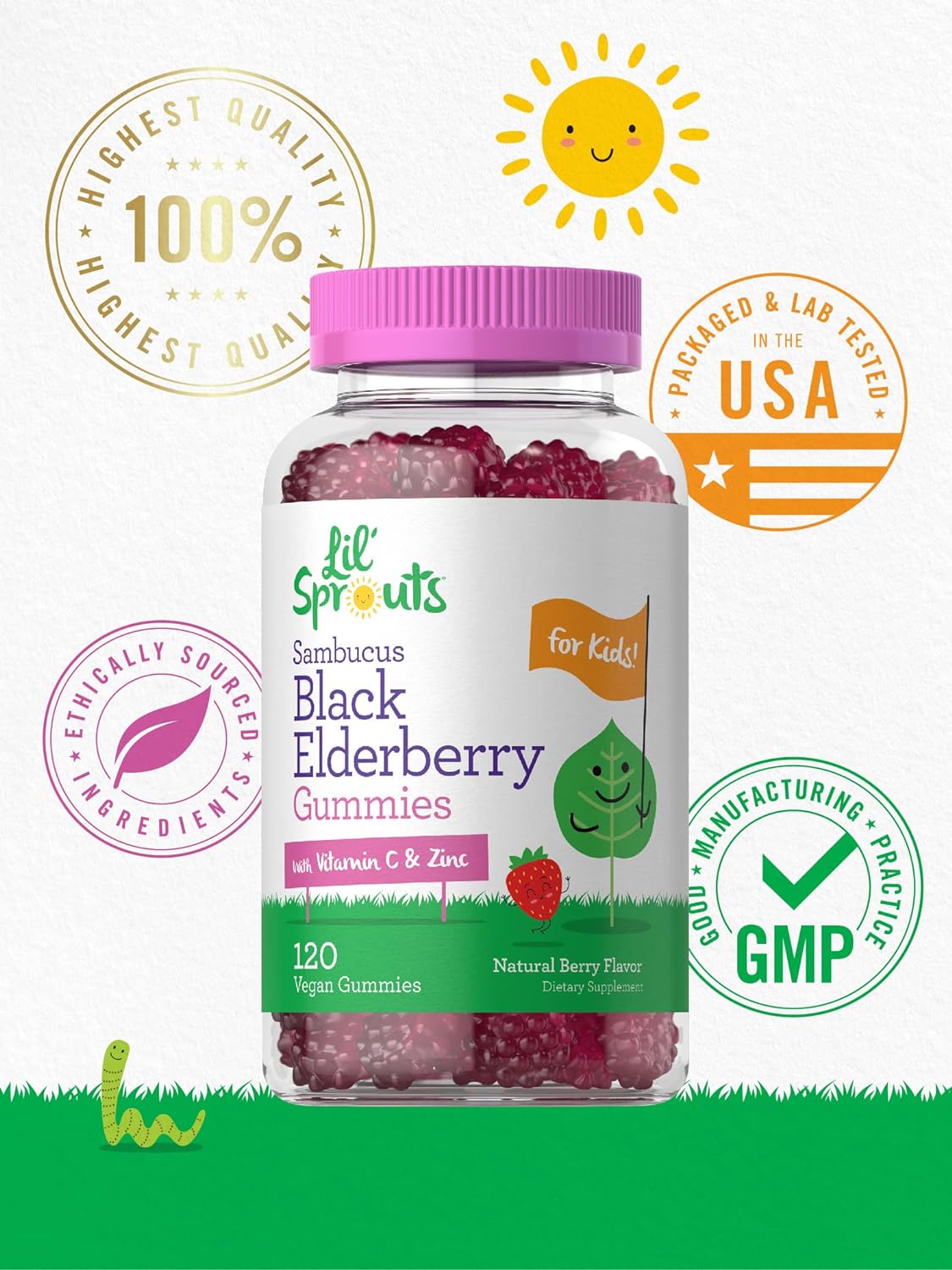 Elderberry Gummies for Kids | 120 Count | Zinc and Vitamin C | Berry Flavor | Vegan, Non-GMO, and Gluten Free | by Lil' Sprouts : Health & Household