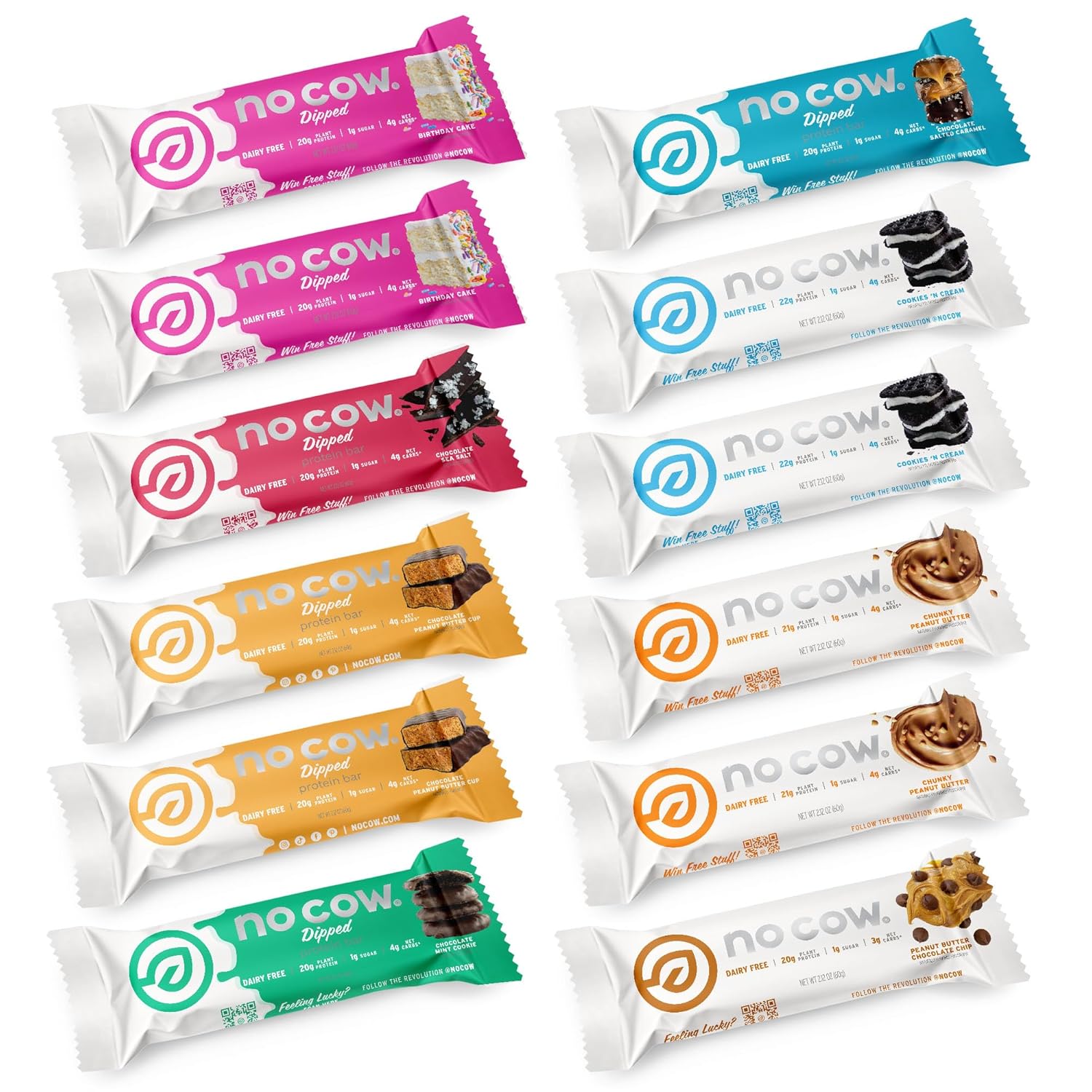 No Cow Protein Bars, Brand Sampler Pack - Healthy Snacks, 20G Vegan Protein, High Fiber, Low Sugar, Keto Friendly, Dairy & Gluten Free (12 Count)