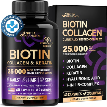 Biotin | Collagen | Keratin - Clinically Tested Supplement - Hair Growth Support - Skin & Nails Complex - 25000 Mcg Vitamins B2, B3, B6 & B7 | Hyaluronic Acid - Made In Usa - Women & Men | 60 Capsules