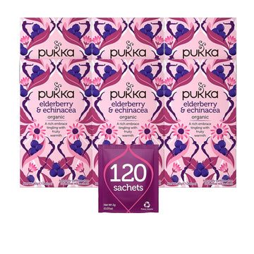 Pukka Organic Tea Bags, Elderberry & Echinacea Herbal Tea, Perfect For Wellness Support, 20 Count (Pack Of 6) 120 Tea Bags