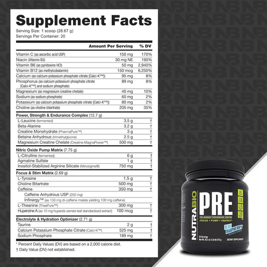 NutraBio PRE Workout Powder - Sustained Energy, Mental Focus, Endurance - Clinically Dosed Formula - Beta Alanine, Creatine, Caffeine, Electrolytes - 20 Servings - Blue Raspberry