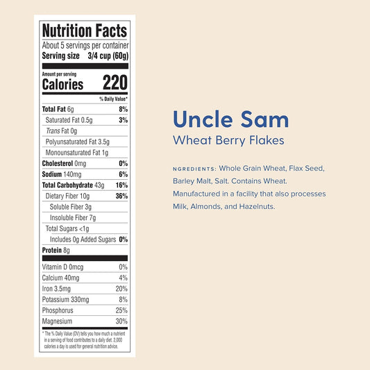 Uncle Sam Original Wheat Berry Flakes Cereal, High Fiber, Whole Grain, Non-GMO Project Verified, Kosher, Heart Healthy, Vegan, 10 Oz Box (Pack of 12)