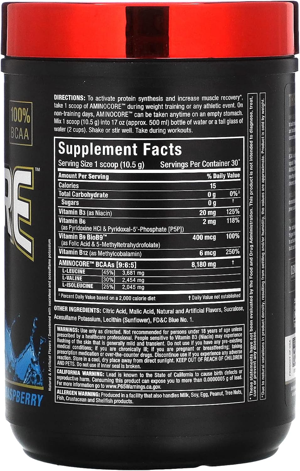 AMINOCORE BCAA – 8G BCAAs – 100% Pure Branch Chained Amino Acids – Gluten Free - Blue Raspberry - 315 Gram : Health & Household