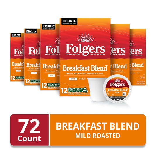 Folgers Breakfast Blend Mild Roast Coffee, 72 Keurig K-Cup Pods