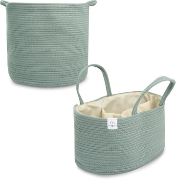 Natemia Large Rope Storage Basket And Cotton Rope Diaper Caddy - Nursery Bin And Toy Organizer Laundry Basket, Basket For Towels, Pillows And Blankets, Perfect Baby Registry Gift-Lily Pad