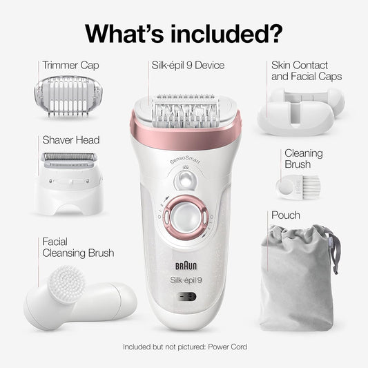 Braun Epilator Silk-Épil 9 9-880, Facial Hair Removal For Women, Hair Removal Device, Wet & Dry, Facial Cleansing Brush, Women Shaver & Trimmer, Cordless, Rechargeable, Beauty Kit