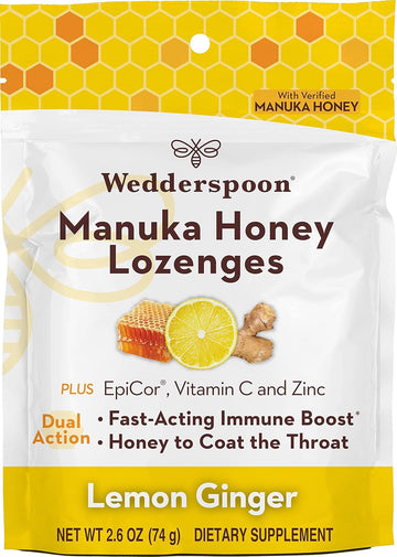 Wedderspoon Manuka Honey Immunity Lozenges with Epicor, Zinc, Vitamin C ? Lemon & Ginger, 2.6 Oz (Pack of 1), Boosts Immunity Within Two Hours