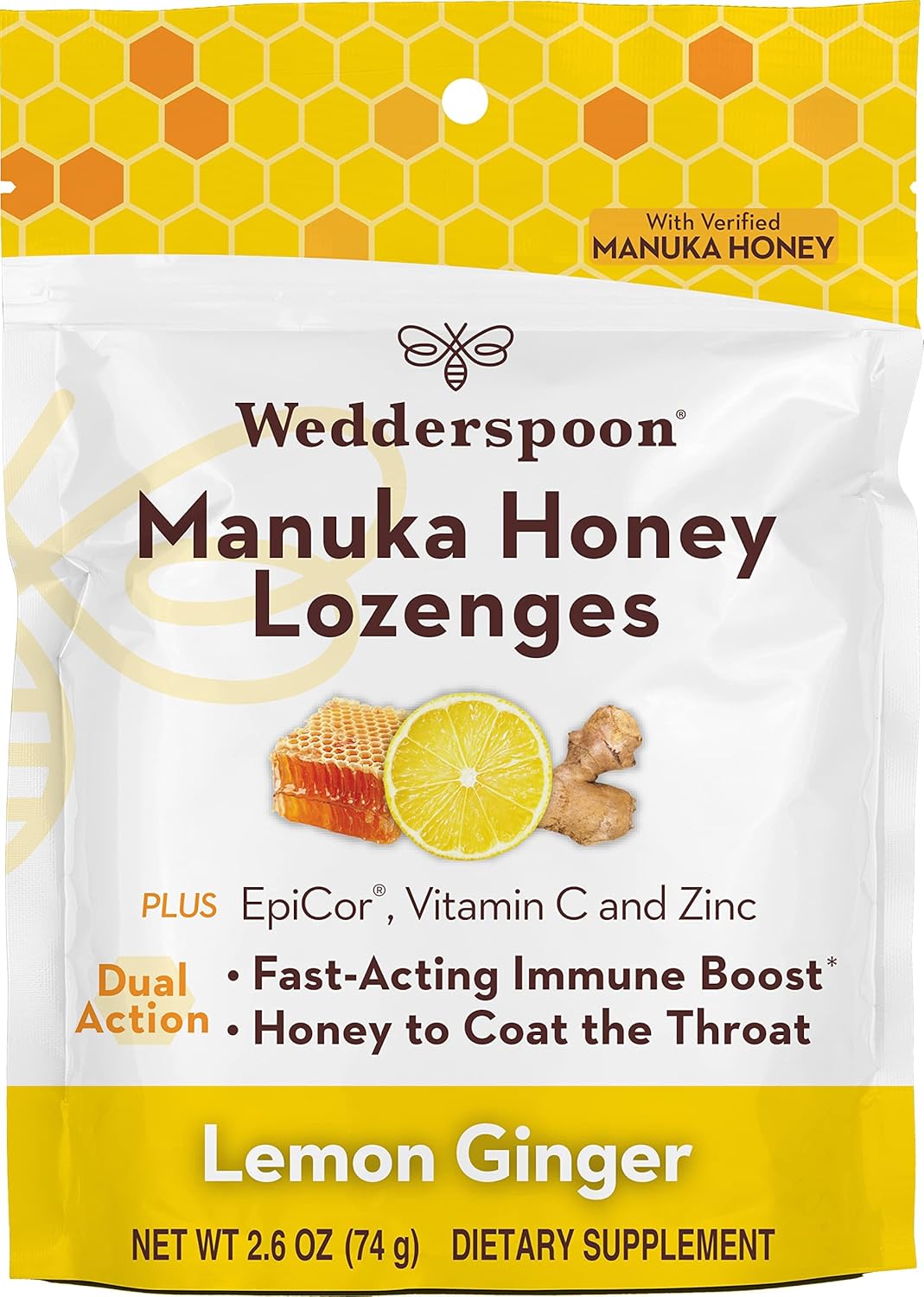 Wedderspoon Manuka Honey Immunity Lozenges With Epicor, Zinc, Vitamin C – Lemon & Ginger, 2.6 Oz (Pack Of 1), Boosts Immunity Within Two Hours